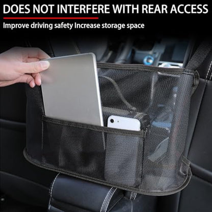 Car Net Pocket Handbag Holder, Mesh Vehicle Storage Organizer Between Front Seats, Large Capacity Auto Purse Holder for Backseat Pet Kid Barrier, Universal for SUV, Truck, RV (Black)
