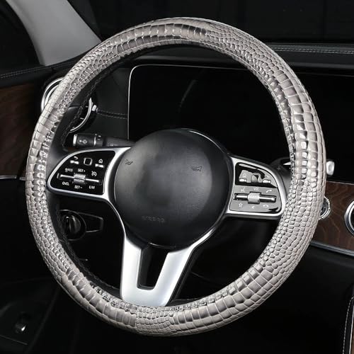 Luxury Crocodile Texture Glossy Leather Car Steering Wheel Cover, New Universal 15 Inch Vehicle Steering Wheel Cover for Cars, Trucks, Suvs, Pickups Interior Accessories (Gray) - color: Gray