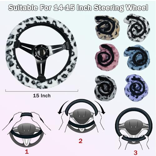 Leopard Steering Wheel Cover with Keychain, Elastic Fuzzy Fur Cheetah Car Steering Wheel Protector Women Girl Car Accessories Universal Fit 15 inch Fit Auto, Suvs, Truck- Pink
