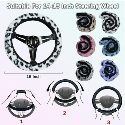 Leopard Steering Wheel Cover with Keychain, Elastic Fuzzy Fur Cheetah Car Steering Wheel Protector Women Girl Car Accessories Universal Fit 15 inch Fit Auto, Suvs, Truck- Pink