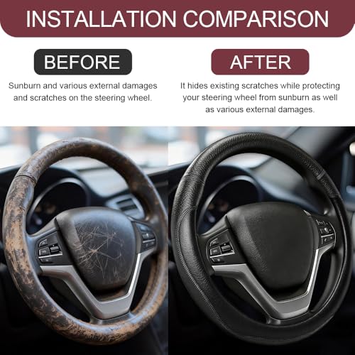 Car Steering Wheel Cover, Durable Leather Cover with Anti-Slip Lining, Microfiber PU Leather Elastic Steering Wheel Protector, Comfortable Non-Slip Steering Wheel Covers for Autos (Black) - color: Black