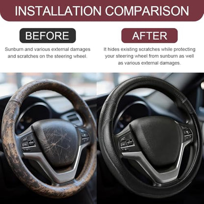 Car Steering Wheel Cover, Durable Leather Cover with Anti-Slip Lining, Microfiber PU Leather Elastic Steering Wheel Protector, Comfortable Non-Slip Steering Wheel Covers for Autos (Black) - color: Black