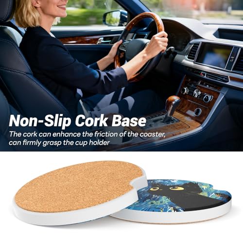 Car Cup Holder Ceramic Coasters 2 Pack, 2.56 in Anti Slip Absorbent Coaster with Cork Base and Finger Notch, Funny Cute Car Accessories Interior for Women, Black Cat