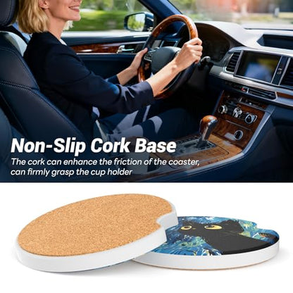Car Cup Holder Ceramic Coasters 2 Pack, 2.56 in Anti Slip Absorbent Coaster with Cork Base and Finger Notch, Funny Cute Car Accessories Interior for Women, Black Cat