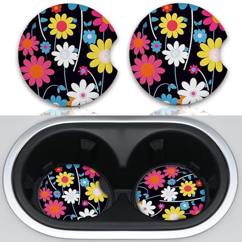 2pcs Colorful Flowers Car Cup Holder Coasters,Universal Non Slip Car Accessories,Cute Car Coasters with Finger Notch,Car Decoration Gifts, Accessory for Women&Men - color: Colorful Flowers