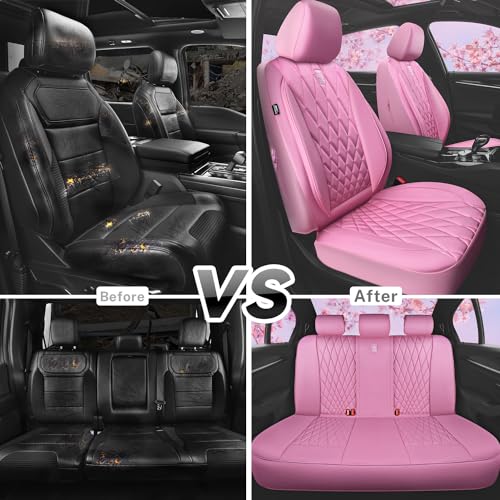 CAR PASS 5 Seats Piping Luxury Leather Seat Covers Full Set, Anti-Slip Waterproof Seat Covers Compatible with Front Armrests, Universal Fit for Suvs,Vans,Trucks,Airbag Compatible, Pure Pink - color: Pink, size: Full Set