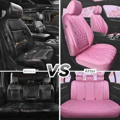 CAR PASS 5 Seats Piping Luxury Leather Seat Covers Full Set, Anti-Slip Waterproof Seat Covers Compatible with Front Armrests, Universal Fit for Suvs,Vans,Trucks,Airbag Compatible, Pure Pink - color: Pink, size: Full Set