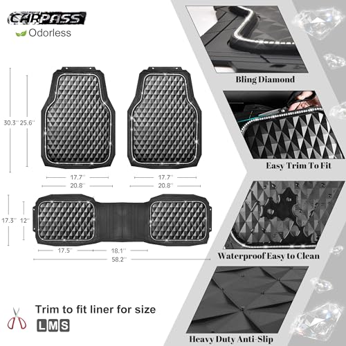 CAR PASS Bling Diamond Black Rubber Car Mats, Heavy Duty Deep Dish All-Weather Floor Mat Anti-Slip 3D Rhombus Waterproof Trim to Fit Liner Universal Glitter Sparkly Shining Rhinestone, 3 Pcs Silver - color: Silver Diamond