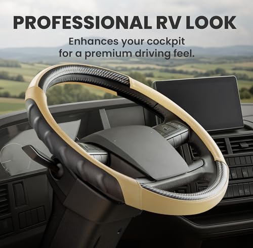 18 Inch Semi Truck Steering Wheel Cover for Freightliner Cascadia, Kenworth T680 T880, Peterbilt 579 & Volvo VNL – Heavy Duty Anti-Slip Leather Grip for Big Rig Class 8 Trucks – Brown - color: Tan