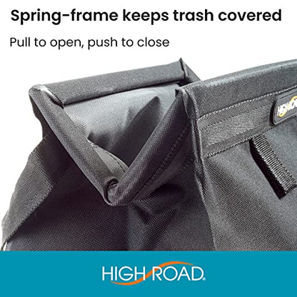 High Road Car Organizer with Car Trash Bag and Tissue Holder - Holds Full Size Tissue Box, Bottles and Wipe Containers - 2 Gal Leakproof Covered Car Trash Can with Push-Close Lid - color: Black