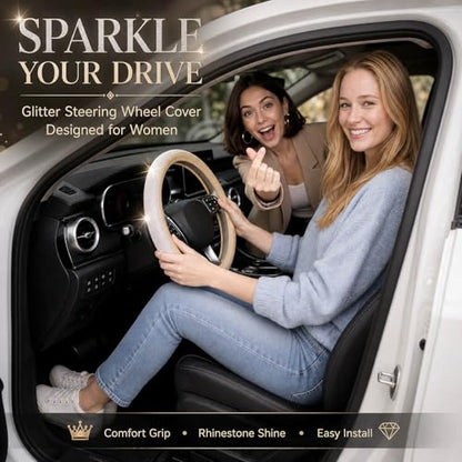 Bling Rhinestone Car Steering Wheel Cover for Women,PU Leather Crystal Diamonds Crown Steering Wheel Covers Non-Slip Universal 15"/38 cm (Beige) - color: beige