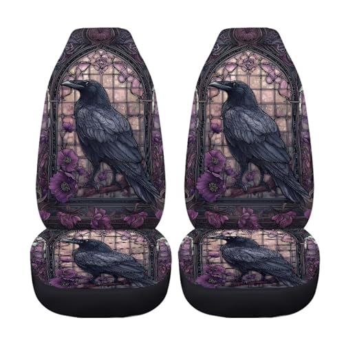 Raven Crow Flower Stained Glass Print Car Seat Covers, 2 Pieces Washable Vehicles Front Seat Protectors, Scratch-Resistant Bucket Seat Cover Fits Most Vehicles, Sedans, Trucks, SUVs, Vans - color: Raven Crow Flower Stained Glass