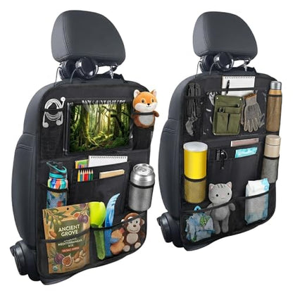 2 Pack Backseat Car Organizer & Kick Mat, Waterproof Seat Back Protector with Clear Pad/Tablet Holder, Universal Fit Car Organizer for Kids Travel Essentials & Storage for SUV/Truck/Sedan