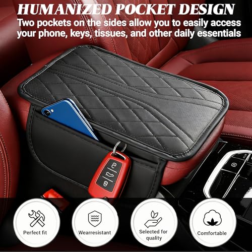 Upgraded Car Center Console Cover, Leather Auto Armrest Cover with 2 Storage Bags, Waterproof Center Console Protective Pad, Universal Cars Armrest Storage Box for Sedan, SUV, Truck (Black) - color: Black
