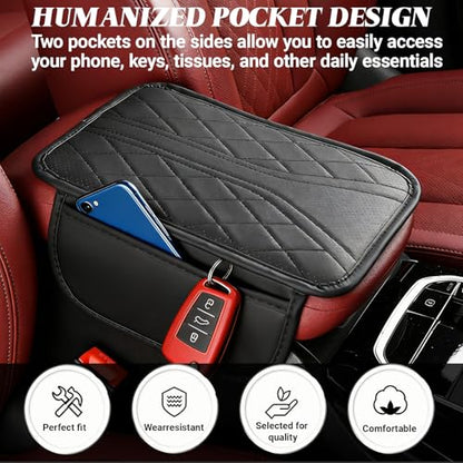 Upgraded Car Center Console Cover, Leather Auto Armrest Cover with 2 Storage Bags, Waterproof Center Console Protective Pad, Universal Cars Armrest Storage Box for Sedan, SUV, Truck (Black) - color: Black