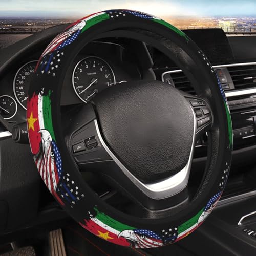 Suriname Surinamese Flag America Eagle Breathable Neoprene Steering Wheel Cover - Anti-Slip Floral Design Universal Fit for Cars/Trucks/Suvs (14.5"-15" Inch) - color: Suriname Surinamese Flag America Eagle