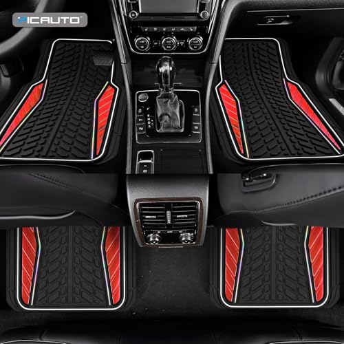 PIC AUTO Car Floor Mats, Red Aluminum-Molded with Full-Circle Iridescent Inlay Strip Car Mats, Universal-Fit Rubber Mats for Cars, Trucks & SUVs, All-Weather, Non-Slip, Easy-to-Clean Interior Mats - color: Red