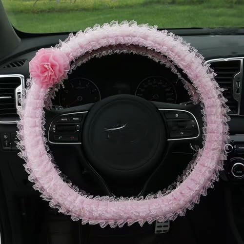 Steering Wheel Cover for Women with Laces Flower Graphic Soft Warm Interior Car Accessories Universal Fit 15" Wheel Protector for SUVs, Van, Trucks (Pink) - color: pink
