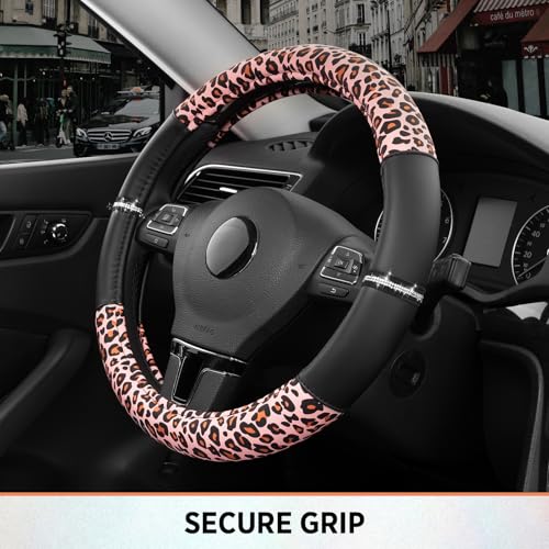 Road Comforts Leopard Steering Wheel Cover for Women, Cute Anti-Slip Microfiber Leather, Fits 14.5-15 Inch Steering Wheel 14.5-15 Inch - Black and Pink Cheetah - color: Round-Black&Pink Leapord