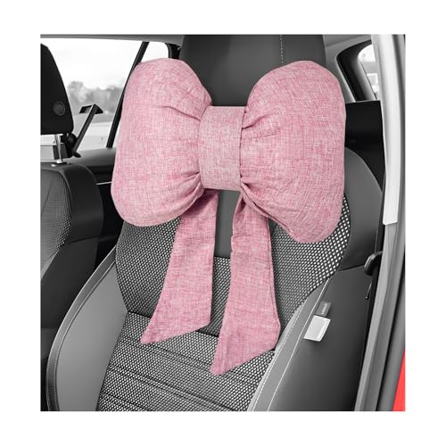 Bow Car Headrest Pillow, Breathable Ergonomic Auto Neck Cushion with Adjustable Strap, Comfy Vehicle Neck Support Pillow Cute Bow Girl-Style Decoration for Driving Seats (Pink)