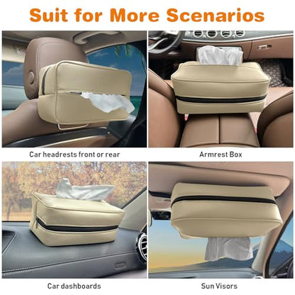 Witaxima Large Car Tissue Holder for 120 Standard Tissues, Premium PU Leather Tissue Holder in Car Backseat Rectangular, Napkin Holder for Car Fits for Kleenex Tissues Box Daily Use Black (2, Beige)