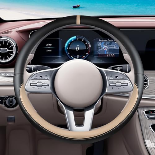 Black Beige Car Steering Wheel Cover, Nappa Leather, Bottom Color Blocking, Universal 14.5-15 Inch Leather Anti-Slip Breathable Auto Steering Wheel Covers for Men Women - color: Black Beige