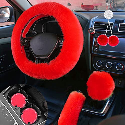 Fluffy Car Accessories Set, Fur Cute Fluffy Steering Wheel Cover & Coasters (Red) - color: red