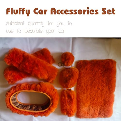 7 Pieces Fluffy Car Accessories Set,YUNXNYC Cute Fluffy Steering Wheel Cover Set Furry Fuzzy Steering Wheel Covers Winter Warm Fur Car Decoration Accessories for Women Girls (Orange)