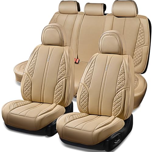 CAR PASS Nappa Leather Car Seat Covers Full Set Waterproof Protector Durable Cushioned,Universal Fit for Sedan SUV Pick-up Truck,Automotive, Anti-Slip and Backseat Luxury Premium (Light Beige) - color: All Beige, size: Full Set