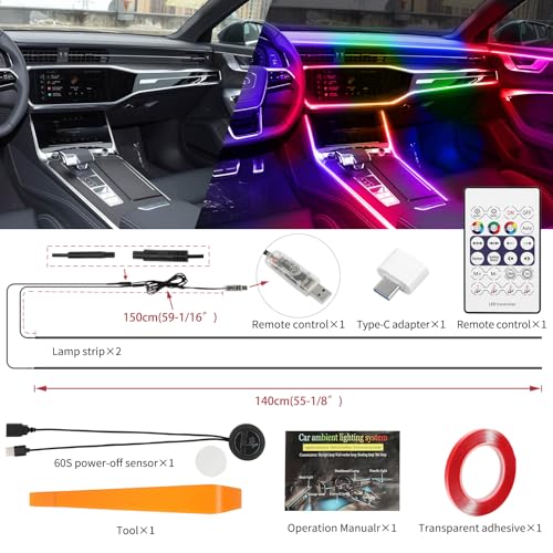 Interior Car LED Strip Lights, Acrylic LEDs Lights for Car with Dynamic Dreamcolor Chasing, Ambient Lighting Kits Music Sync Wireless APP and RF Remote Control (55.12inch*2)