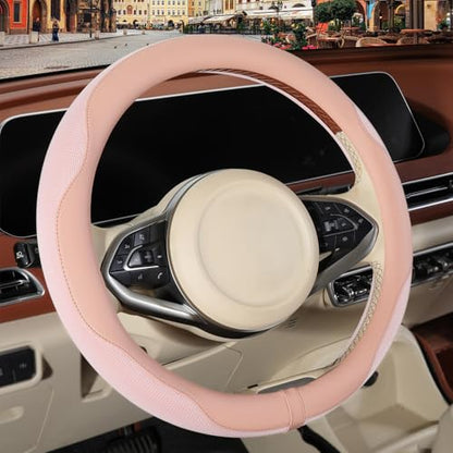 Nappa Leather Pink Steering Wheel Cover, Advanced Microfiber Leather Non-Slip Breathable Fabric, Warm in Winter and Cool in Summer, Universal 15 inch - color: Pink, size: Round-M[14.5''-15'']