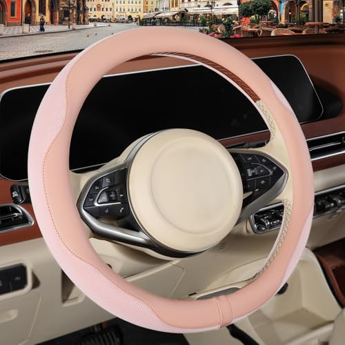 Nappa Leather Pink Steering Wheel Cover, Advanced Microfiber Leather Non-Slip Breathable Fabric, Warm in Winter and Cool in Summer, Universal 15 inch - color: Pink, size: Round-M[14.5''-15'']