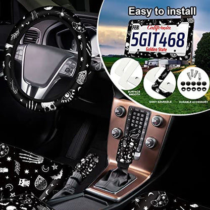 Tallew 26 Pieces Skeleton Cat Moon and Stars Car Seat Cover Full Set for Women Men Rubber Steering Wheel Cover License Plate Frame Mirror Covers Moon and Stars Car Accessories for SUV Truck(Skeleton)