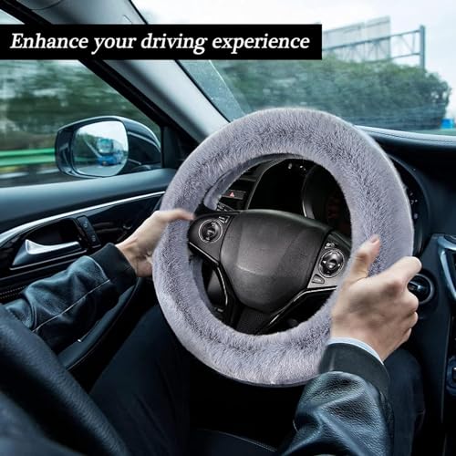 WenMei 4PCS Set Fluffy Steering Wheel Covers with Handbrake Cover&Gear Shift Cover&Plush Keychain Furry Steering Wheel Cover for Women Girl Fashion Warm Car Wheel Protector Fit Most Car (Gray Blue) - color: Gray blue