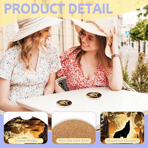 2 Pack Car Cup Holder Coaster-Wolf Full Moon Absorbent Ceramic Coaster,Forest Car Coasters for Cup Holders,Auto Accessories for Women & Men