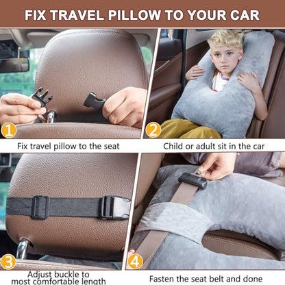Car Pillow for Kids, Memory Foam Travel Pillow for Car and Adults, Kid Travel Pillow for Sleeping on Road Trip, Small Body Pillow for Kids (Grey)