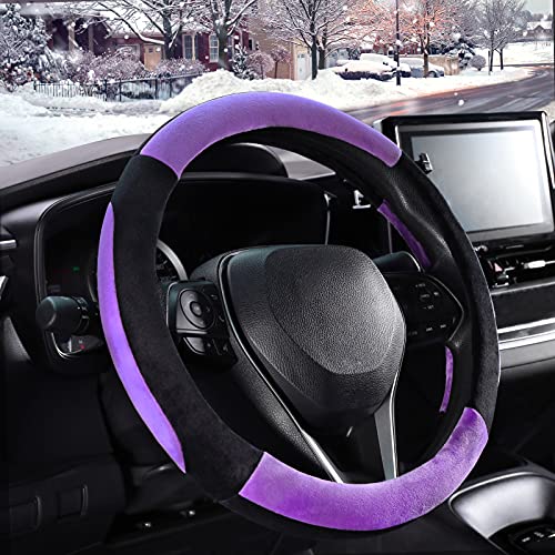 SEG Direct Steering Wheel Cover for Car, Standard Size 14.5-15 inch, Auto Interior Accessories, Plush Warm Velvet, Summer Winter, Purple