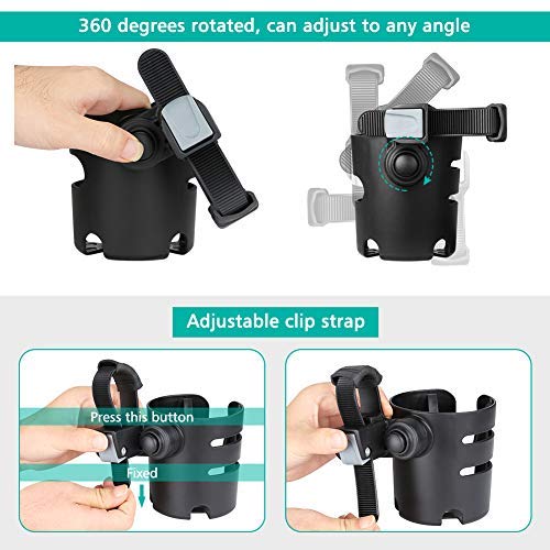 Accmor Stroller Cup Holder with Adjustable Strap, 360 Degree Rotatable Universal Cup Holder for Uppababy, Nuna, Doona Stroller, Drinks Holder for Wheelchair, Walker, Rollator