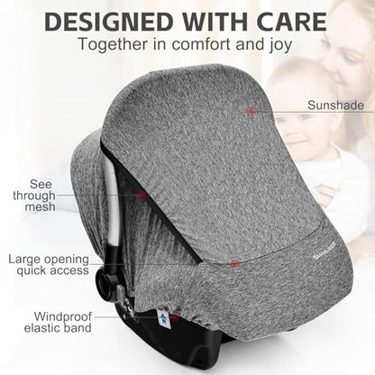 Baby Car Seat Cover, Large Mesh Window, Breathable Fabric, Infant Windproof Canopy, Universal Fit CarSeat Covers for Babies, Machine Washable, Gray