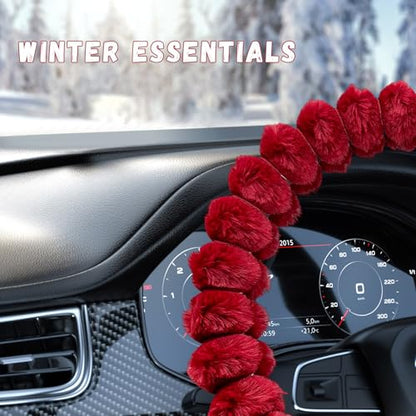 Fluffy Car Steering Wheel Cover, Soft Warm Plush Vehicle Steering Wheel Protector, 14.5-15 Inches Cute Anti-Slip Automotive Handle Cover for Women Girl, Car Accessories (Red) - color: Red