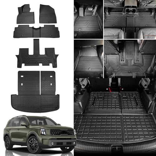 Floor Mats Compatible with 2020-2025 Kia Telluride 7&8 Seats (Not for 2027) Trunk Mat Cargo Mat Cargo Liner Back Seat Cover 2024 Telluride Accessories (Trunk Mat with Backrest Mat+Floor Mats) - color: Trunk Mat with Backrest Mat+Floor Mats