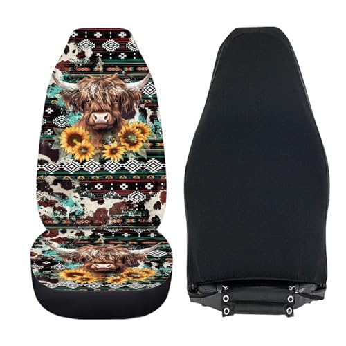 Highland Cow Front Car Seat Cover for Women Men Sunflower Universal Bucket Seat Cover Southwest Africa Aztec 2 Pieces Automotive Seat Covers Set - color: Highland Cow Sunflower3