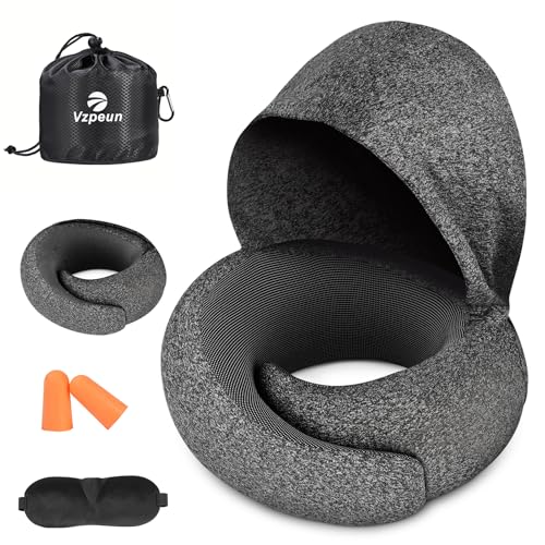 Travel Pillow - Hooded Neck Pillow Airplane Memory Foam Filling for Plane, Office, Cars Sleeping, Road Trip, Long Flights, Airplane Travel Essentials, Includes Eye Mask & Earplugs (Dark Gray) - color: Dark Gray