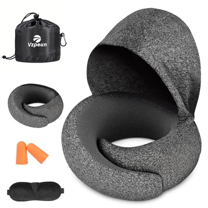 Travel Pillow - Hooded Neck Pillow Airplane Memory Foam Filling for Plane, Office, Cars Sleeping, Road Trip, Long Flights, Airplane Travel Essentials, Includes Eye Mask & Earplugs (Dark Gray) - color: Dark Gray