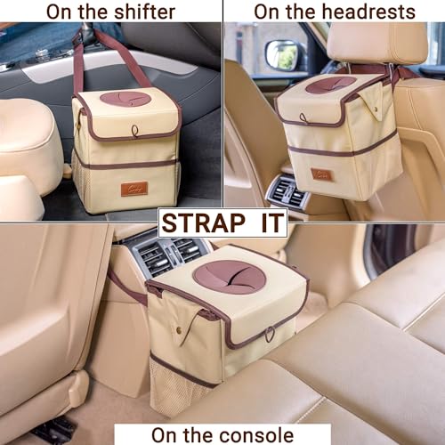 Car Trash Can [Touring Edition] - Removable Liner - 100% Leakproof, Odor Control Lid, Hanging Garbage Bin for SUV, Truck, Car (2 Gal, Beige)