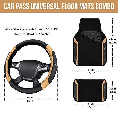 CAR PASS Microfiber Steering Wheel Cover and Waterproof Car Floor Mats,Leather Universal Car Combo Fit for 95% Truck,SUV,Cars,14.5-15inch Sporty Anti-Slip Safety Comfortable Design(Black and Beige) - color: Black＆Beige