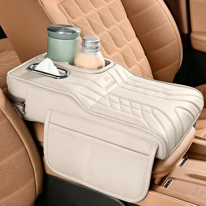 Upgraded Car Center Console Cover,PU Leather Car Armrest Cover Cushion Contains High Elasticity Sponge with Cup Holder,2 Storage Bags Tissue Box (White-B) - color: White-B