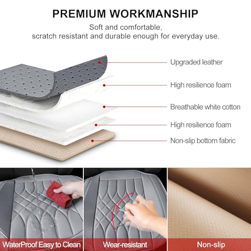 1-Pack Leather Front Car Seat Covers - Bottom Car Seat Covers Fully Wrapped, Non-Slip and Waterproof, Fits Most Vehicles Gray