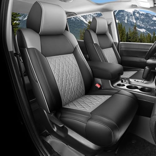 Seat Covers for Toyota Tundra 2014 2015 2016 2017 2018 2019 2020 2021 Custom Fit Full Set, Waterproof & Durable Leather Seat Covers for Car - Black/Grey (Only for CrewMax Cab) - color: BlackGrey, size: 2014-2021 Full Set
