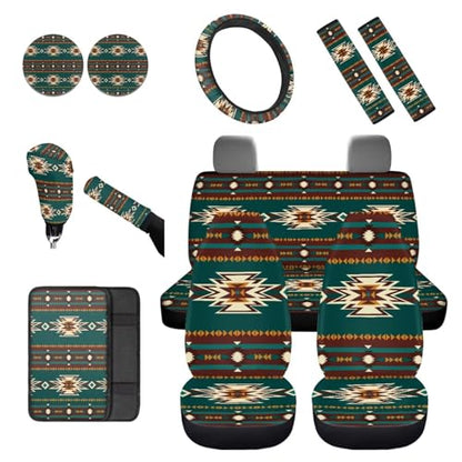 Dreaweet Navajo Seat Covers for Cars Trucks SUV,Green Southwestern Native American Seat Covers with Steering Wheel Cover,Seatbelt Cover,Armrest Pad,Cup Holder,Gear Shift Knob Handbrake Cover,Set of 12 - color: Navajo Green